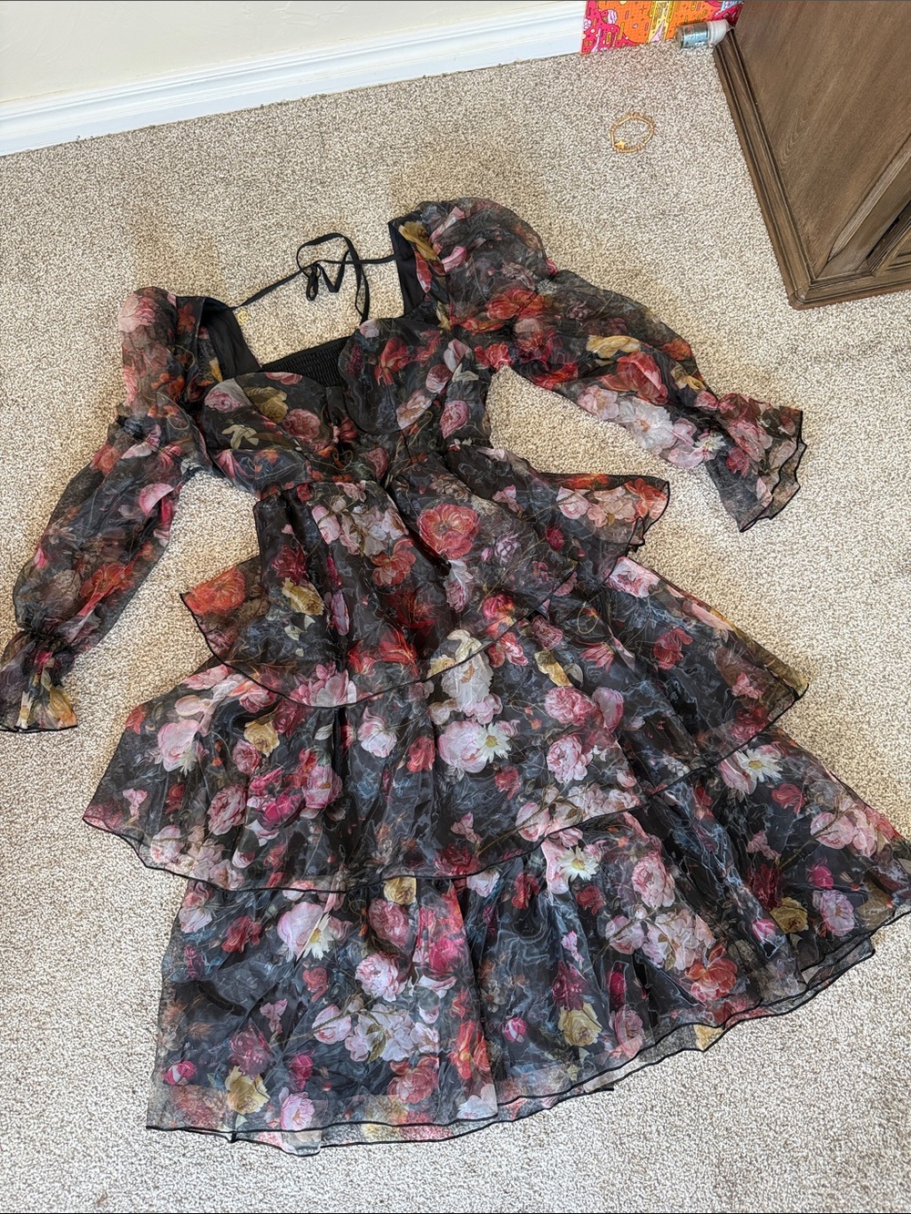 Sheer Black Floral Tiered Midi Dress with Puff Sleeves